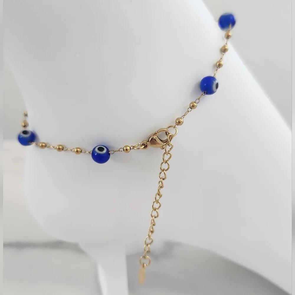 Modern Style Beaded Blue Evil Eye 18K Gold Plated Bracelet - Picture 6 of 11